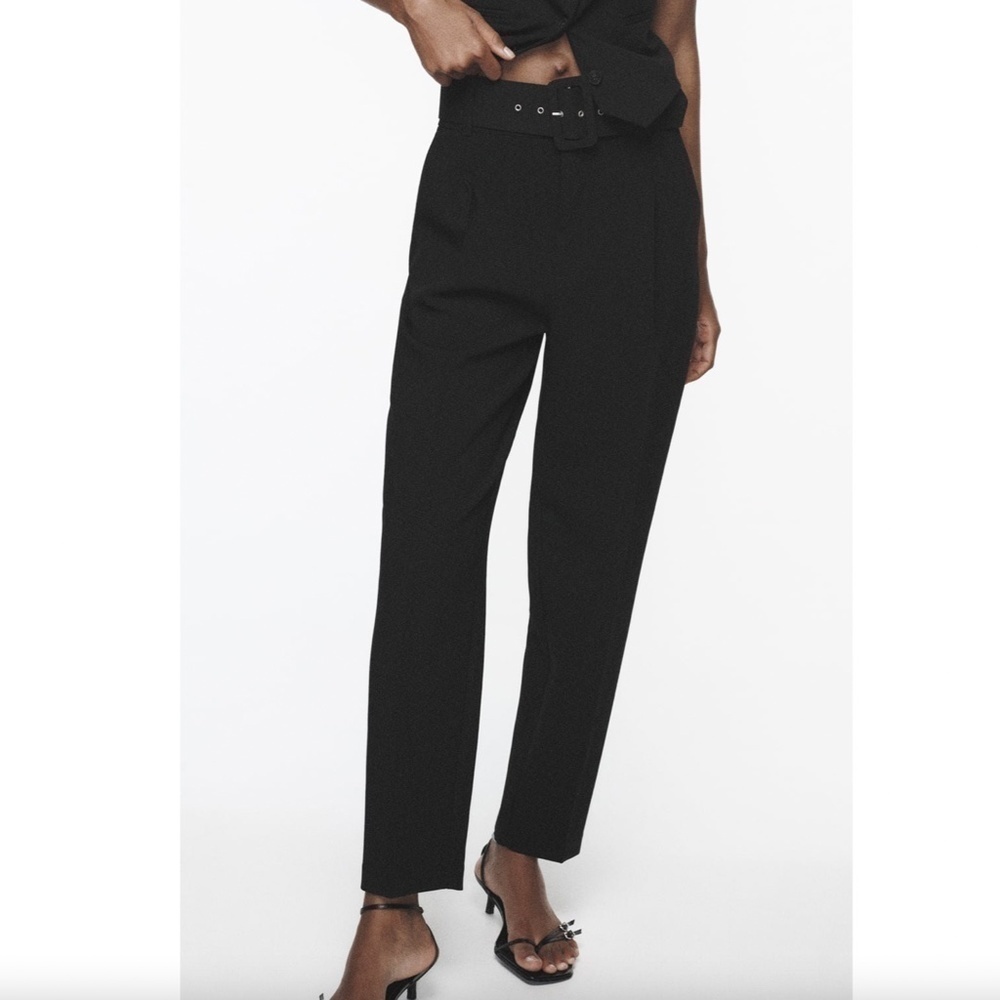 Zara Basic Women's Black Wide Leg Belted Trousers (Small)